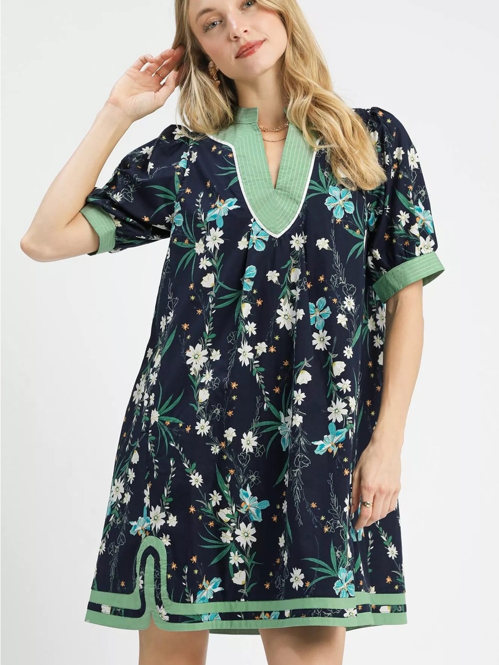 Navy Floral Tunic Dress with Mint Trim